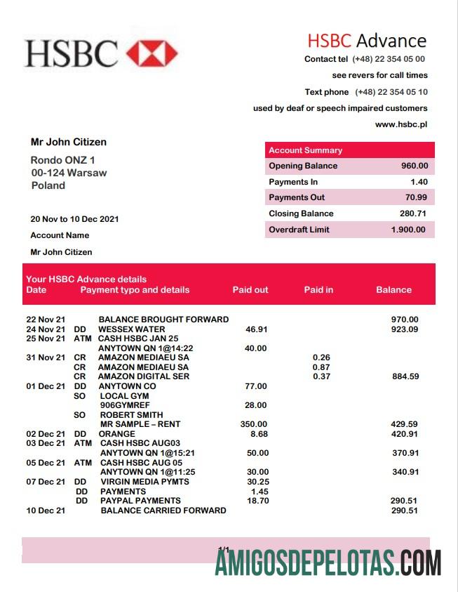 Exemplo de extrato bancário HSBC da Polônia